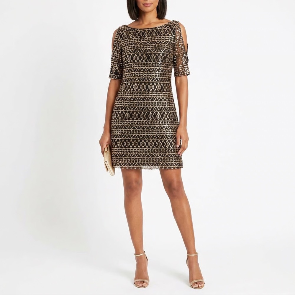 Peppe Peluso Black Gold Sequin Cold Shoulder Shift Dress Size M Geometric DVB981